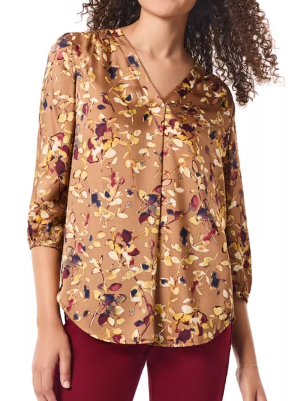 Jones New York Floral V-Neck 3/4 Sleeve Blouse in Camel and Burgundy Accents